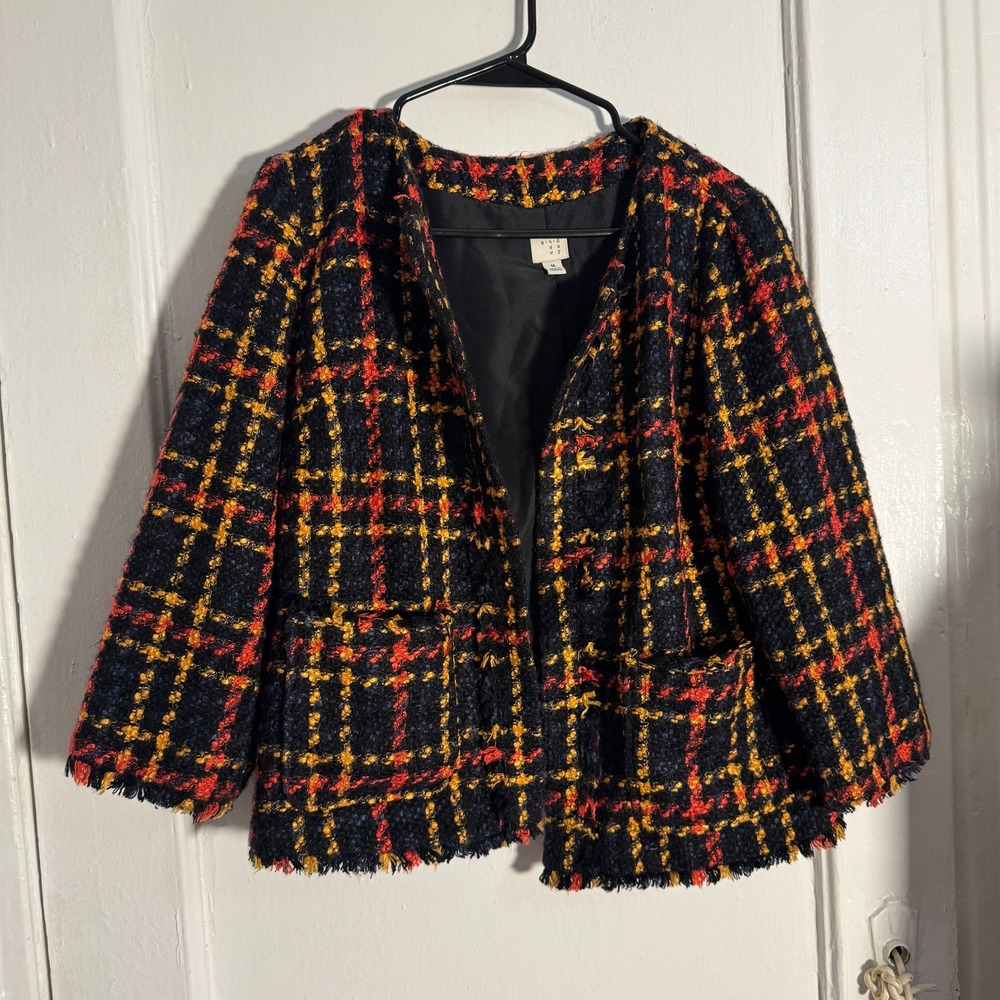 Women Navy Orange Plaid Tweed Fringe Jacket Blazer M Clueless Gilmore Girls Fall